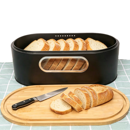 Large Black Bread Box with Bamboo Lid Cutting Board Kitchen Storage