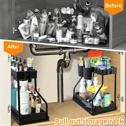 2 Tier Pull Out Under Sink Organizer Cabinet Storage Shelf Hooks