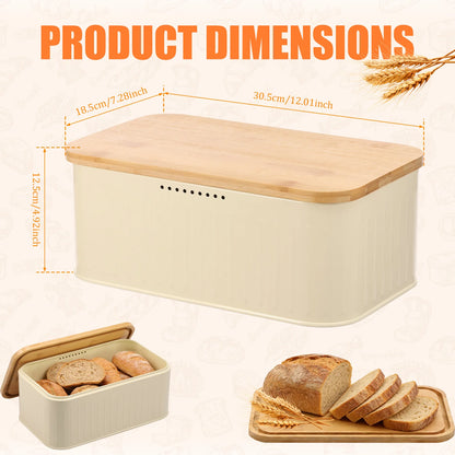 Metal Bread Box with Bamboo Lid & Ventilation Holes Storage