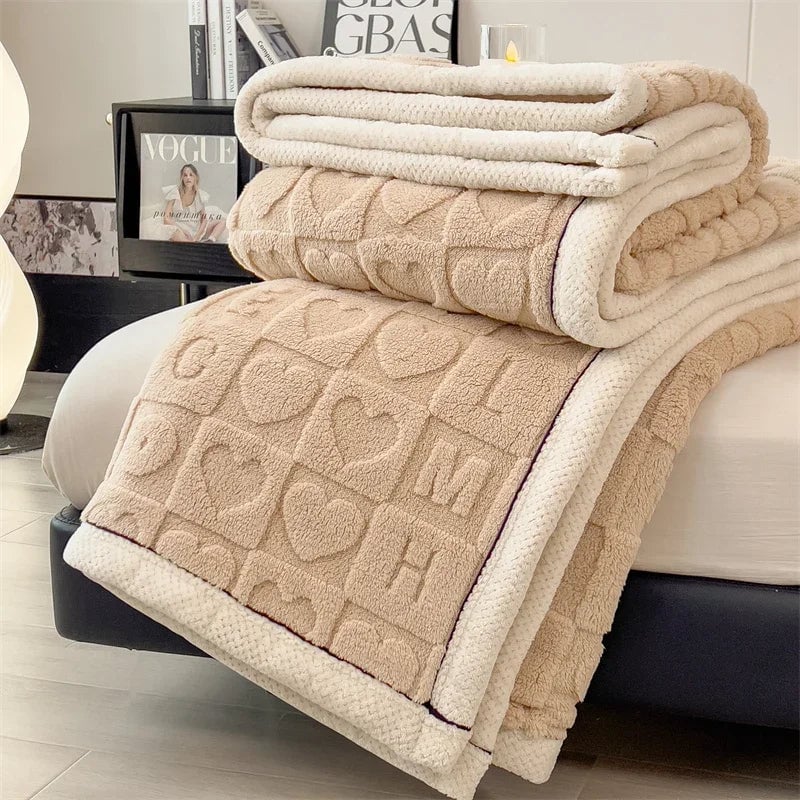 Winter Fleece Heart Plush Blanket - Soft Thick Bed Sofa Single Double