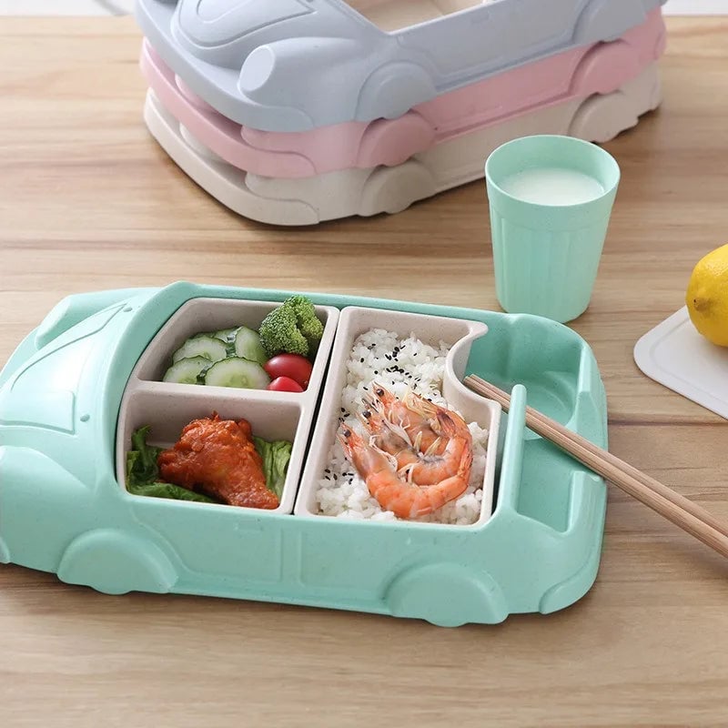 Bamboo Fiber Car Shaped Baby Feeding Bowl with Divided Grids
