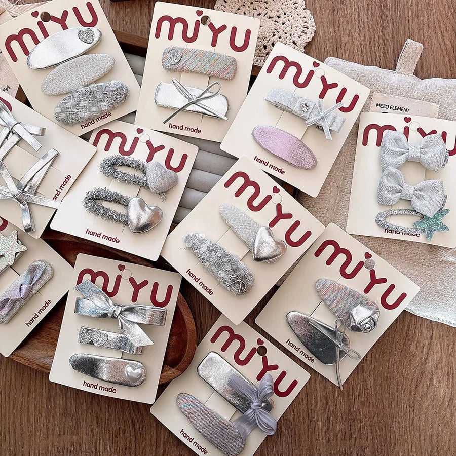 Silver PU Leather Hair Clips - Korean Style Snap Clips for Girls