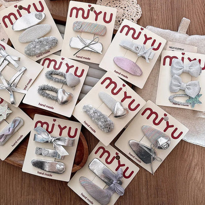 Silver PU Leather Hair Clips - Korean Style Snap Clips for Girls