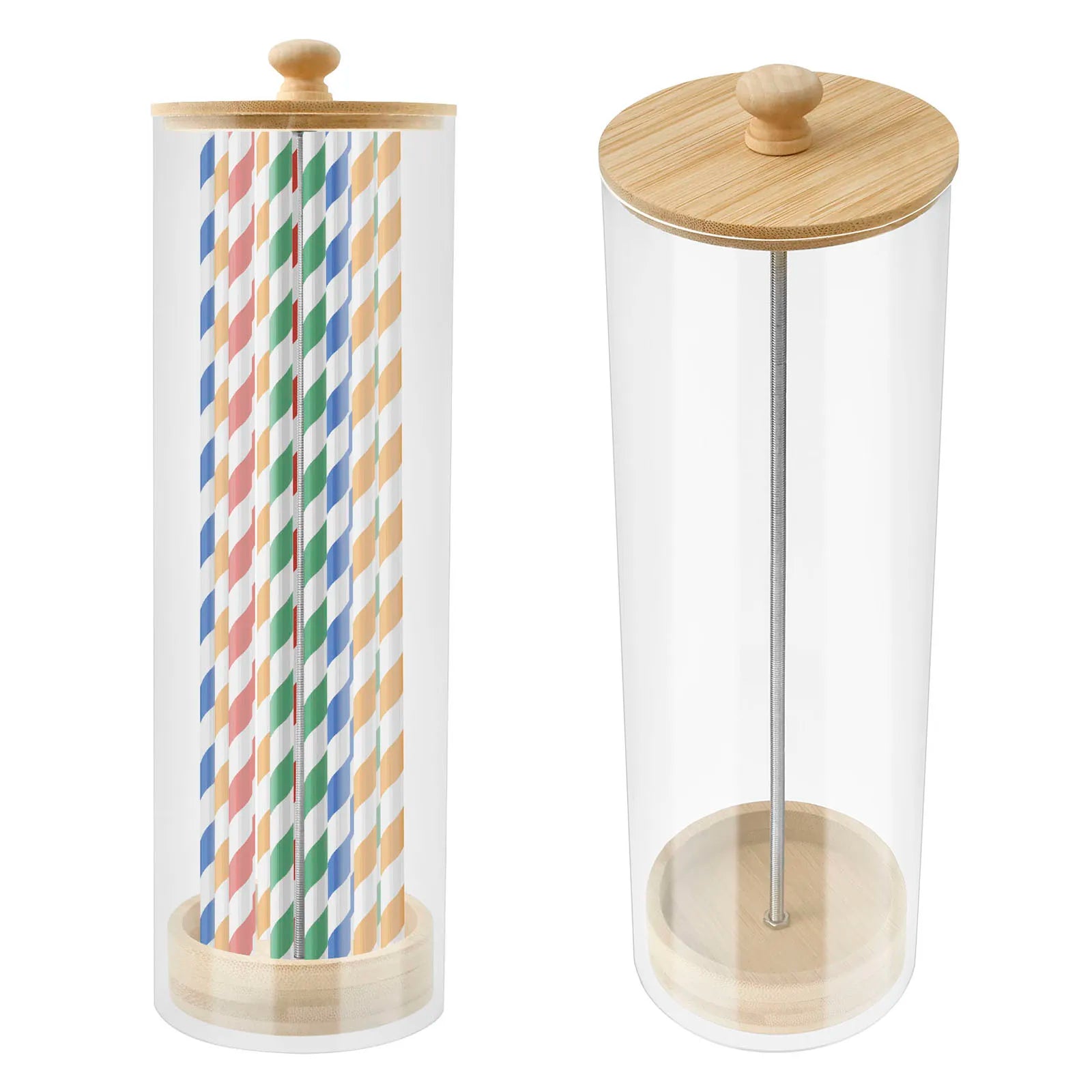 Clear Acrylic Straw Organizer with Wood Lid - Dustproof Storage Box
