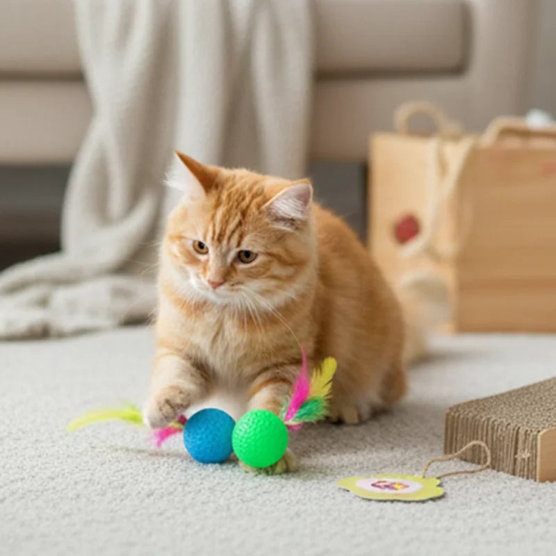 Interactive Feather Golf Ball Cat Toy - Crinkly Sound Self-Play