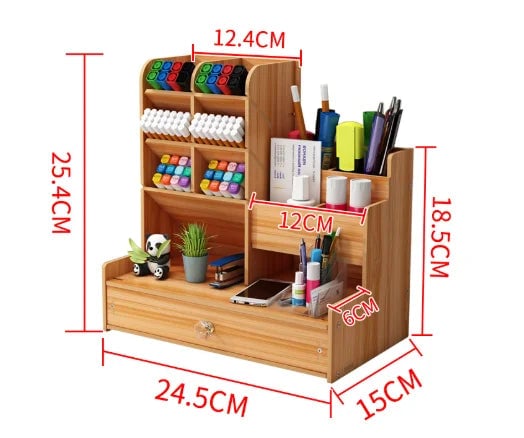 Large Wooden DIY Desk Organiser with Drawer - Multi-Compartment Pen
