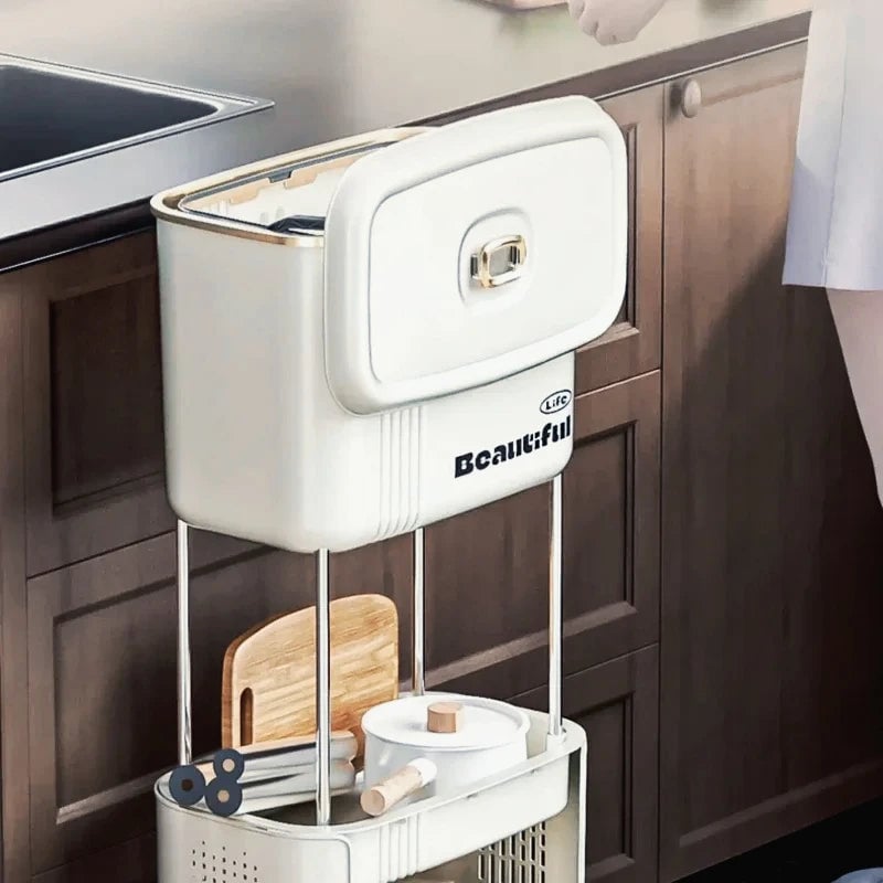 Large Capacity Kitchen Garbage Bin with Lid - Double Layer Odor Control