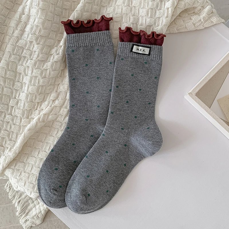Cotton Frilly Dot Pattern Long Socks - Breathable Preppy Style