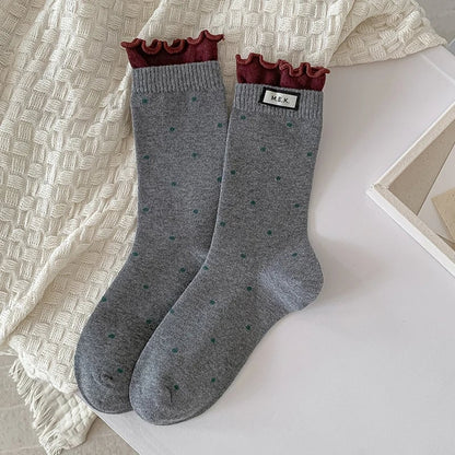 Cotton Frilly Dot Pattern Long Socks - Breathable Preppy Style