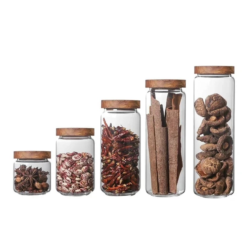 Glass Airtight Canister Wood Lid Kitchen Storage Jar Food Container