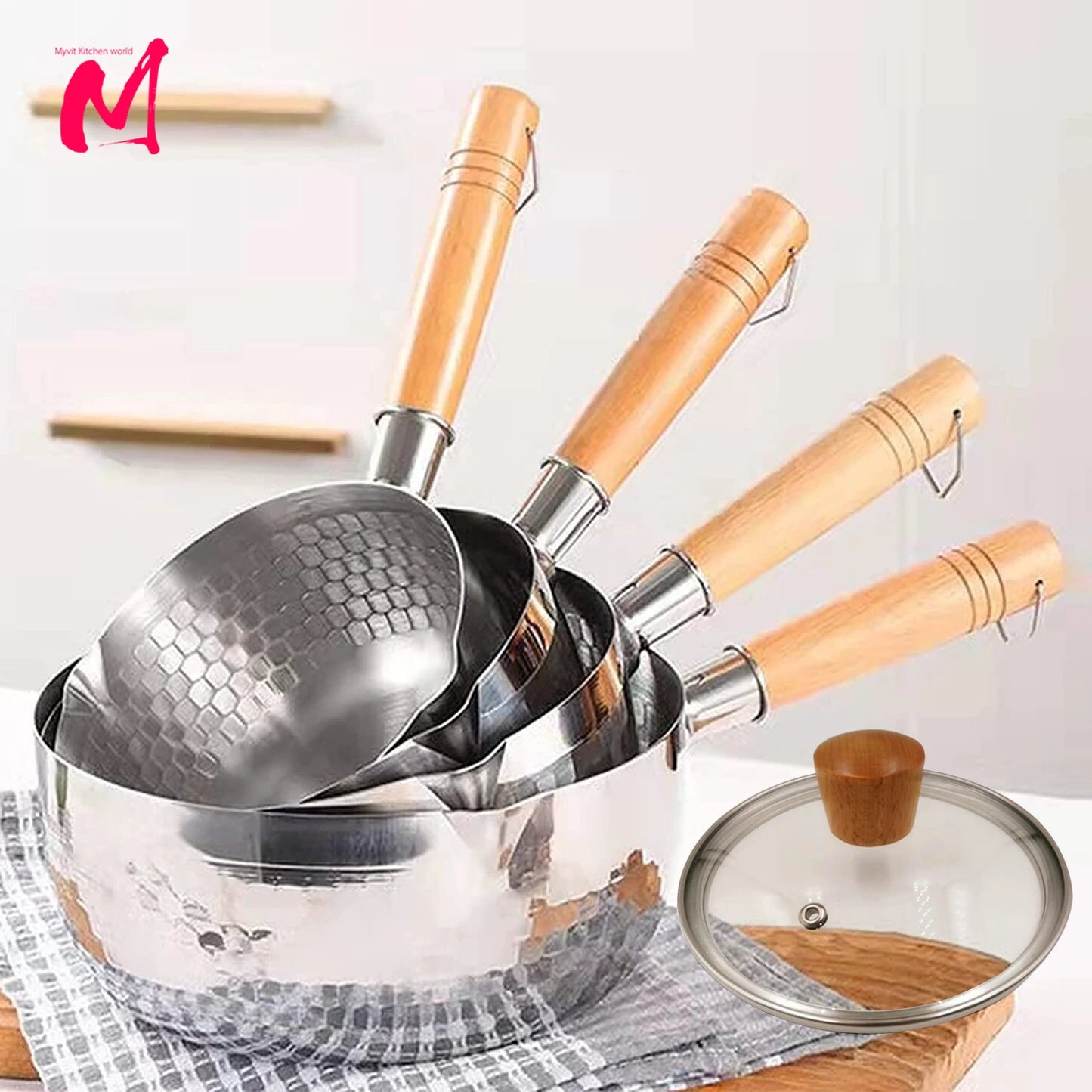 Stainless Steel Saucepan with Lid Wood Handle Pour Spouts 2Qt