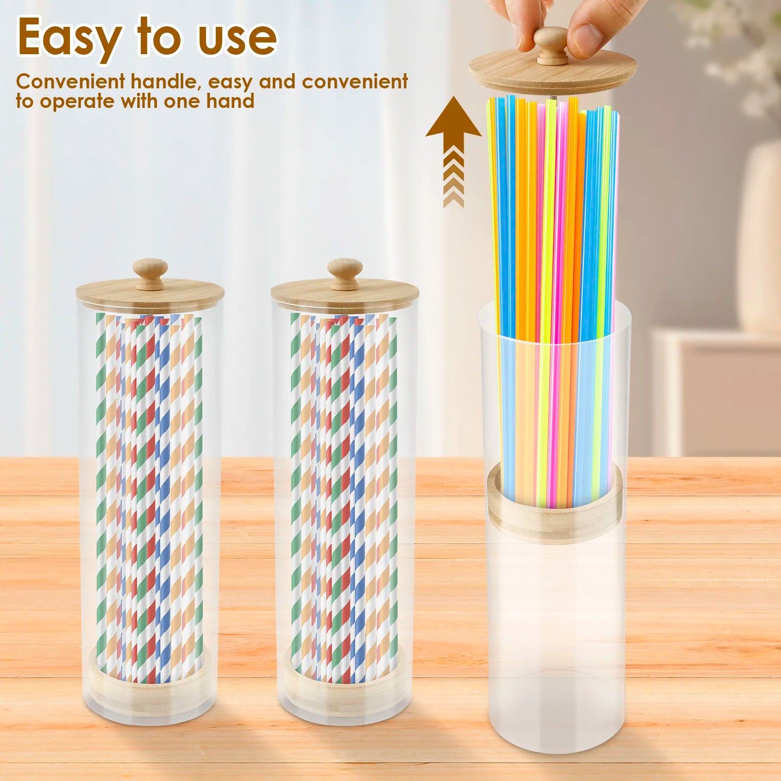 Clear Acrylic Straw Organizer with Wood Lid - Dustproof Storage Box