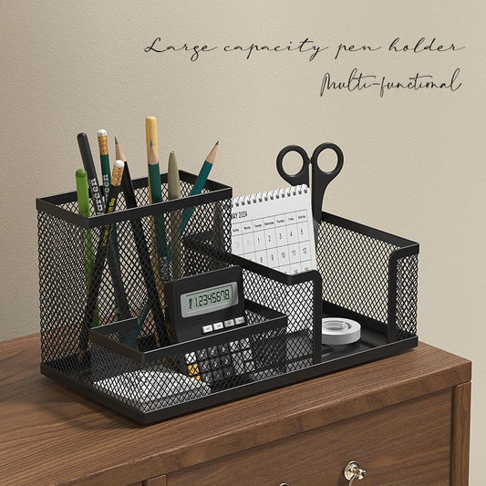 Black Mesh Desk Organizer Caddy with Pencil Holder Storage Baskets