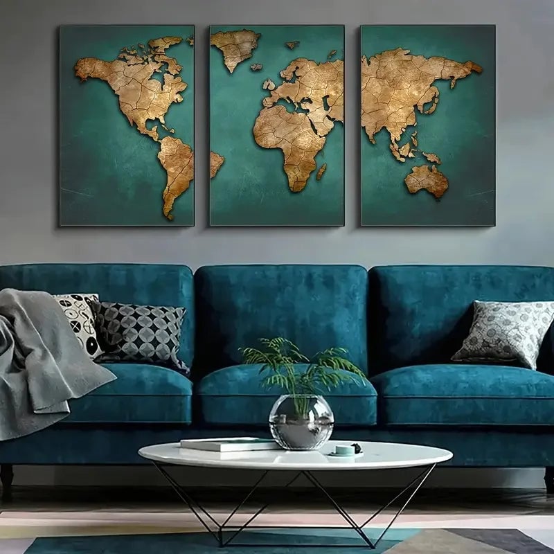 Retro World Map 3-Piece Canvas Wall Art Set Nordic Home Decor Posters
