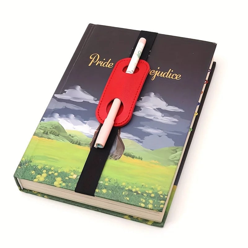 PU Leather Pen Holder Sleeve Elastic Band Clip Office Notebook