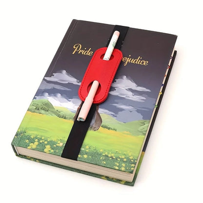 PU Leather Pen Holder Sleeve Elastic Band Clip Office Notebook