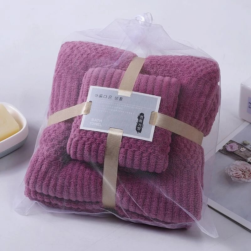 Lucky Grid Coral Fleece Bath Towel Set - Quick-Dry Absorbent