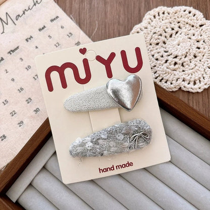 Silver PU Leather Hair Clips - Korean Style Snap Clips for Girls