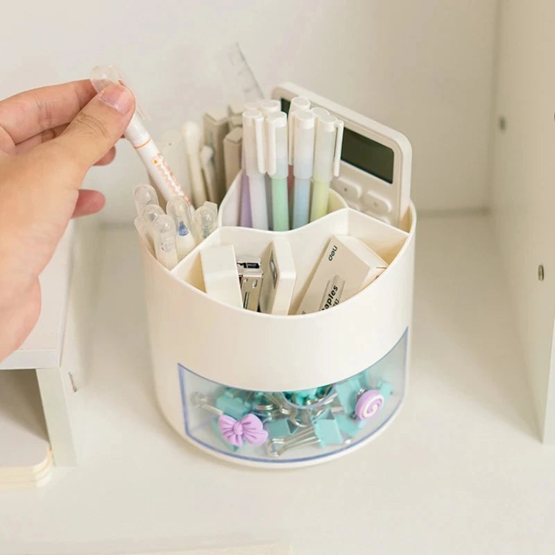 Rotating Desktop Pen Holder with Drawer - Kawaii Stationery Organizer