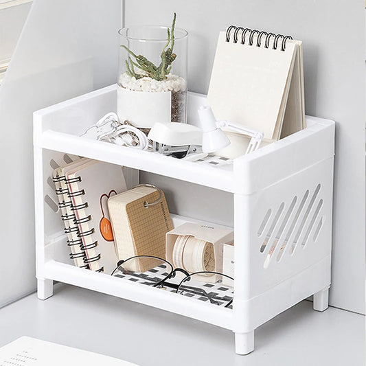 White Double Layer Desk Storage Rack - Office Cosmetics Organizer