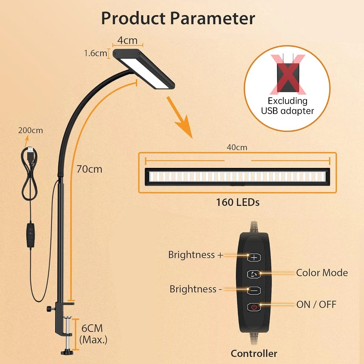 LED Desk Lamp Stepless Dimming Eye-Care Adjustable Gooseneck Light