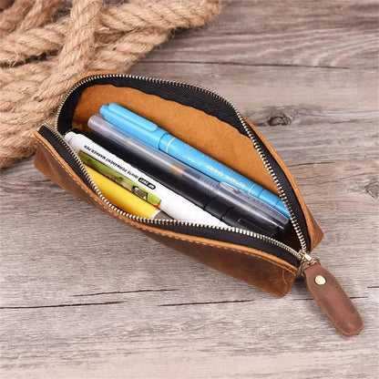 Leather Zipper Pencil Case & Makeup Pouch - Small Travel Organizer