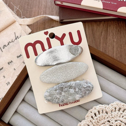 Silver PU Leather Hair Clips - Korean Style Snap Clips for Girls