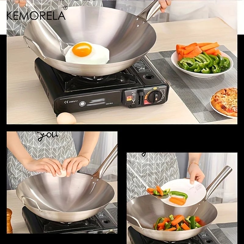 Stainless Steel Wok 26-34cm Double Handle Uncoated Chef Pan
