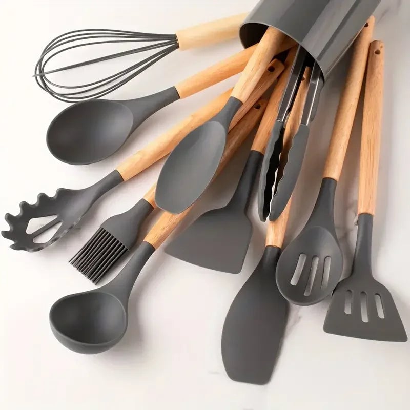 12-Piece Silicone Kitchen Utensils Set with Wooden Handles