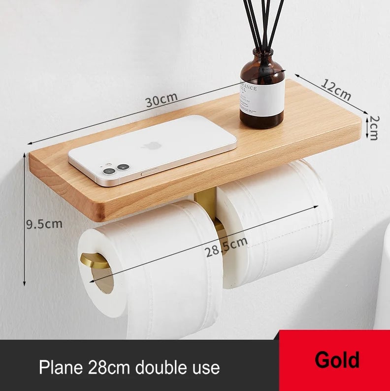 Beech Wood Toilet Paper Holder with Phone Storage Bathroom Organizer