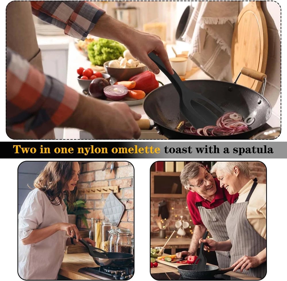 2-in-1 Nylon Grip Flip Spatula Tongs - Non-Stick Egg Flipper