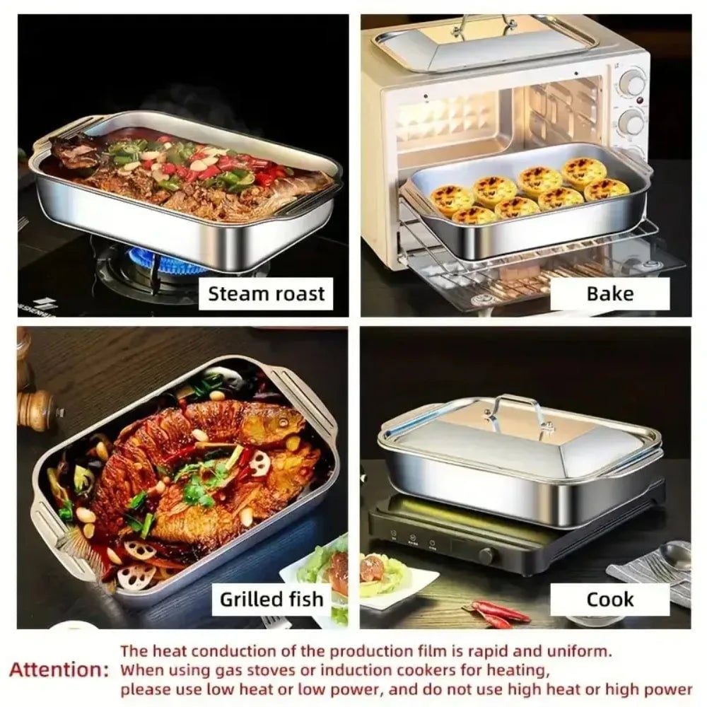 Stainless Steel Nonstick BBQ Fish Tray with Lid - Deep Baking Pan