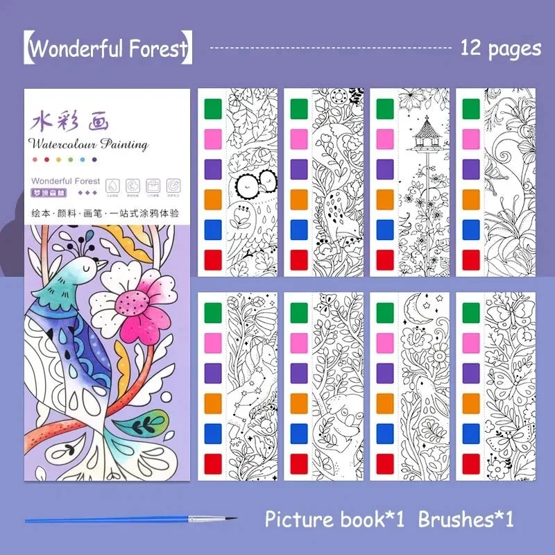 12-Sheet Portable Watercolor Book with Brush - Kids Art Set