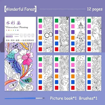 12-Sheet Portable Watercolor Book with Brush - Kids Art Set