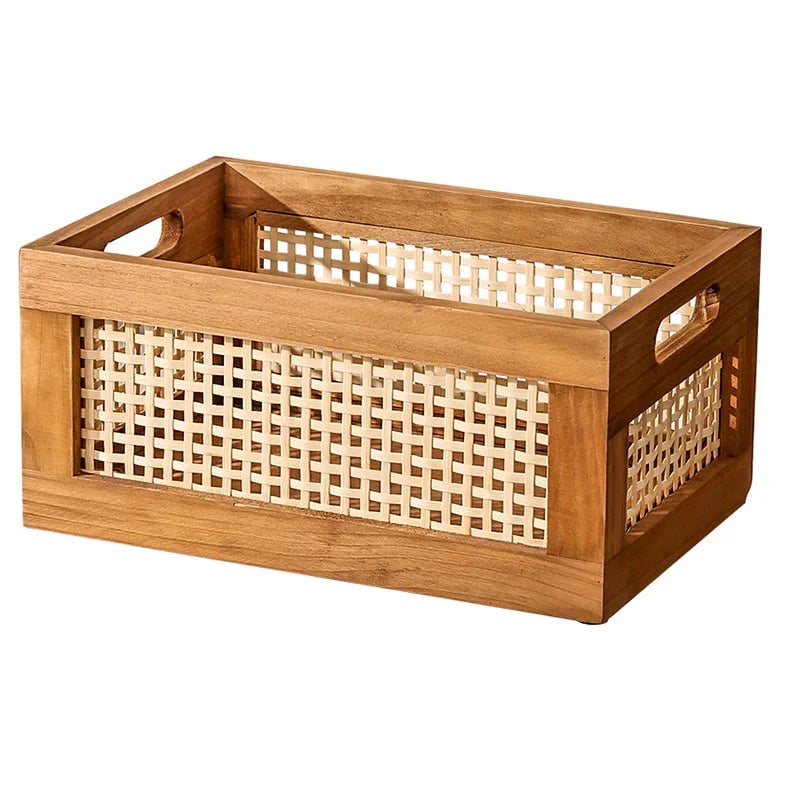Solid Wood Rattan Storage Basket - Multi-Room Kitchen Bathroom Organizer