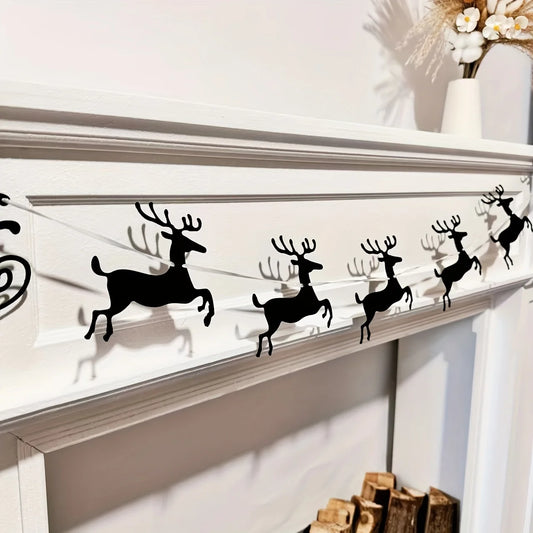 Black Felt Christmas Garland Reindeer Santa Sleigh Fireplace Decor