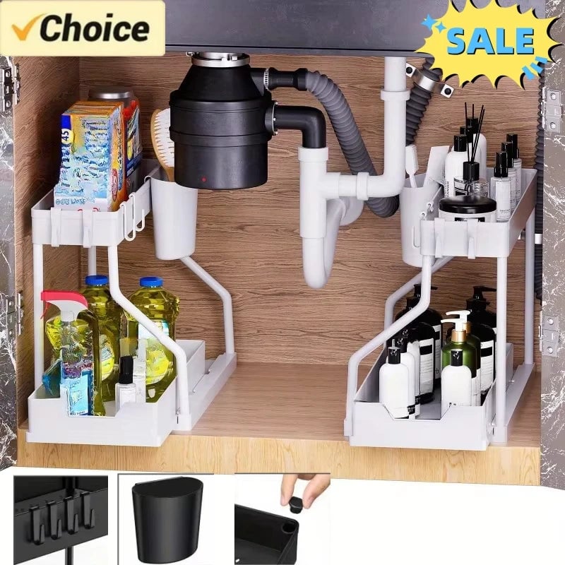 2 Tier Pull Out Under Sink Organizer Cabinet Storage Shelf Hooks
