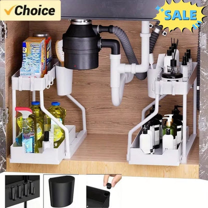 2 Tier Pull Out Under Sink Organizer Cabinet Storage Shelf Hooks