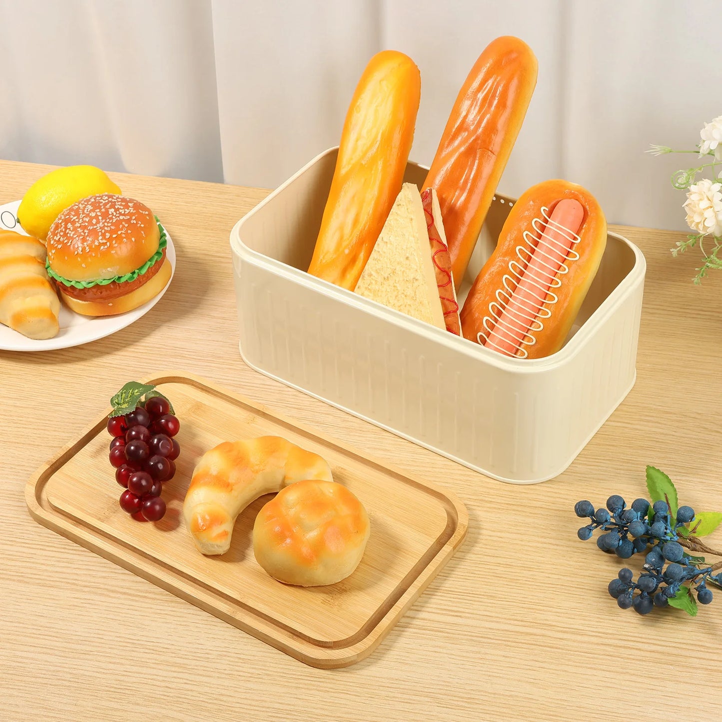 Metal Bread Box with Bamboo Lid & Ventilation Holes Storage