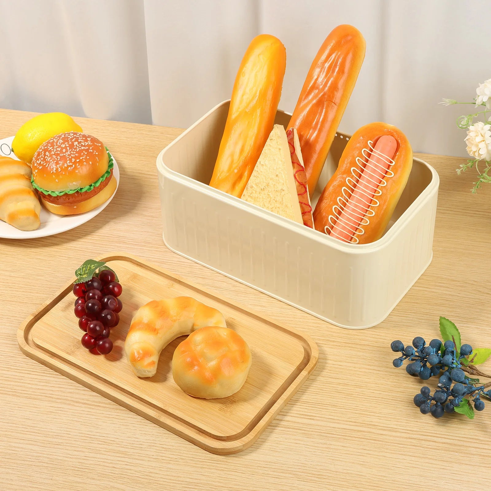 Metal Bread Box with Bamboo Lid & Ventilation Holes Storage