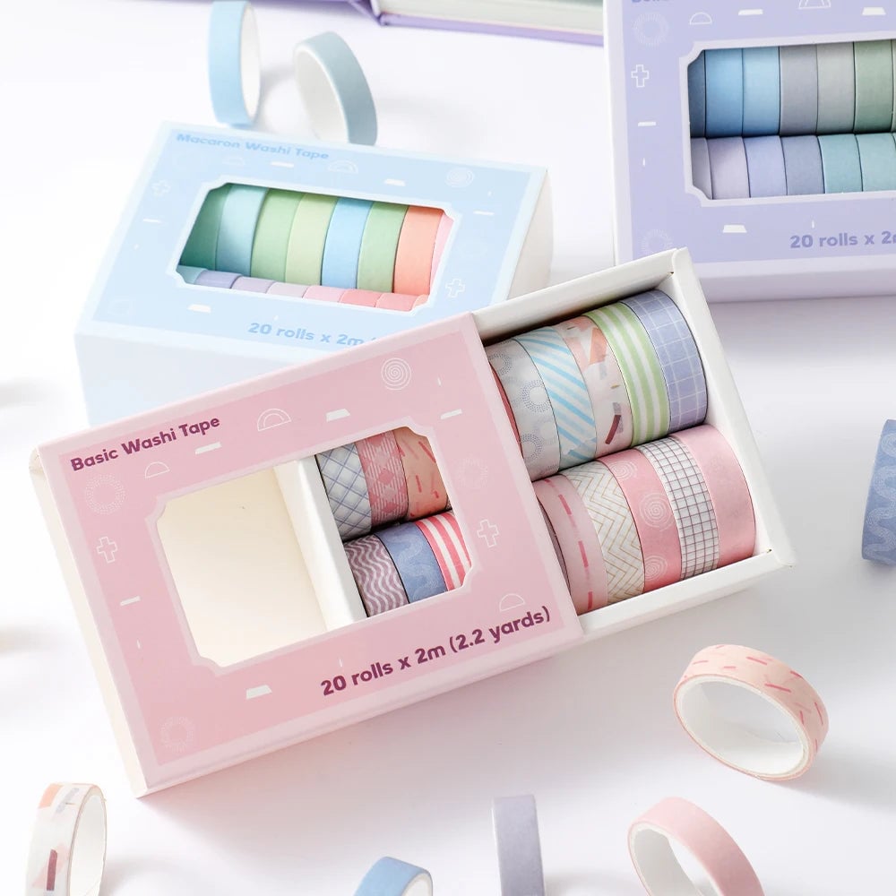 20 Rolls Thin Washi Tape Set - Simple Masking Tape for DIY Crafts