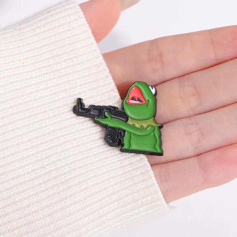 Frog And Gun Enamel Pin - Custom Cartoon Animal Lapel Badge Brooch