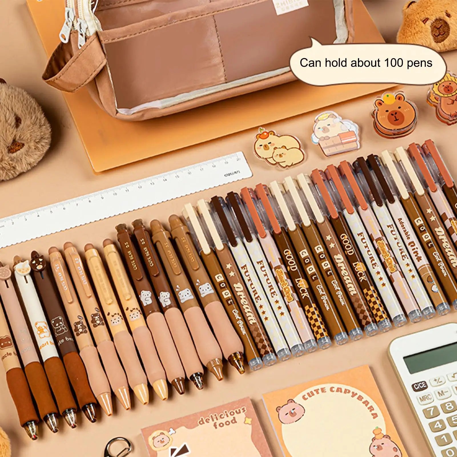 Layered Capybara Canvas Pencil Case Set - Multi-Compartment with Doll
