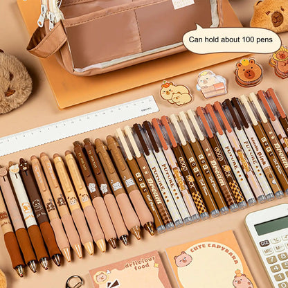 Layered Capybara Canvas Pencil Case Set - Multi-Compartment with Doll