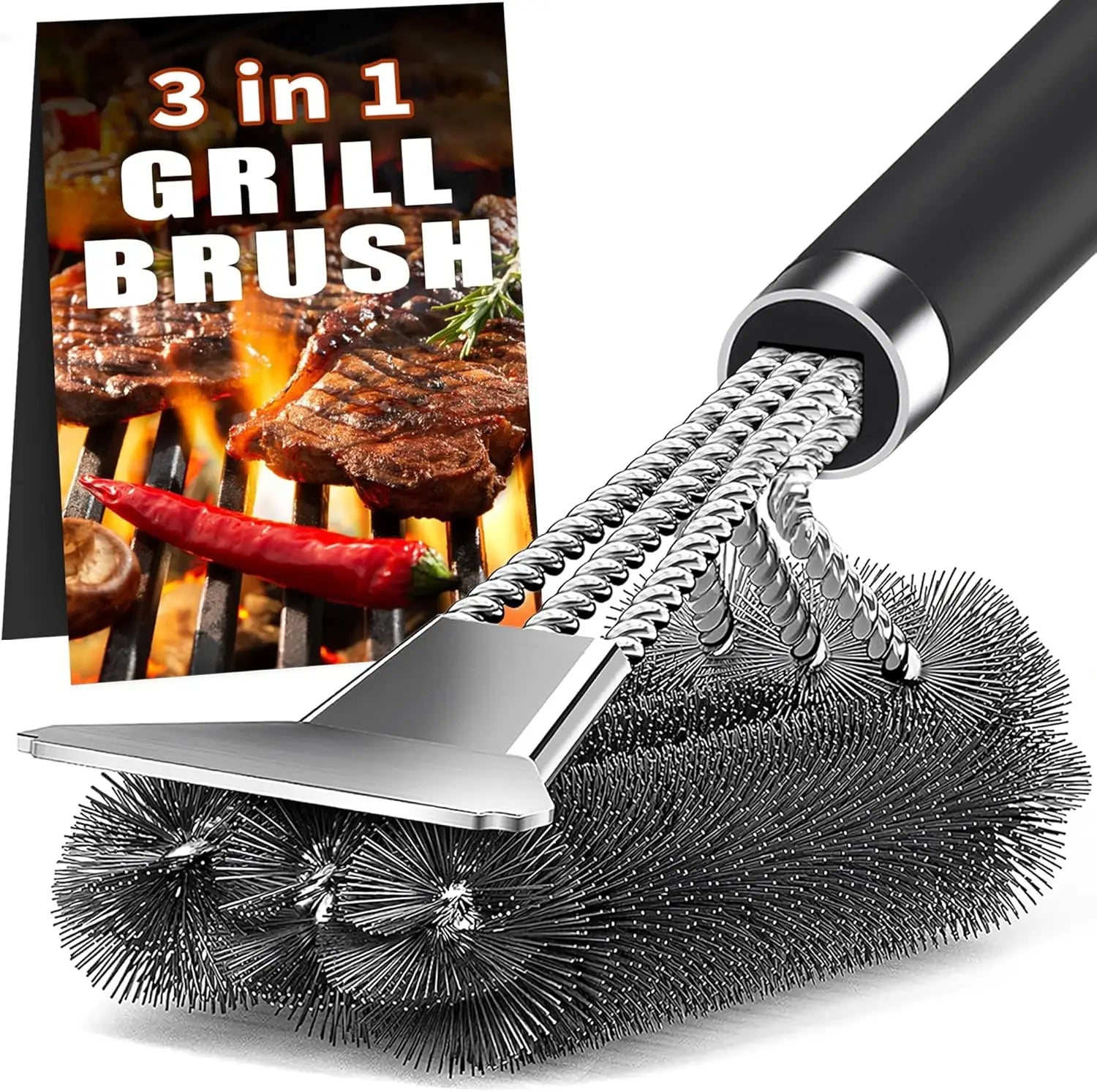 Stainless Steel BBQ Grill Cleaning Brush with Scraper Tool