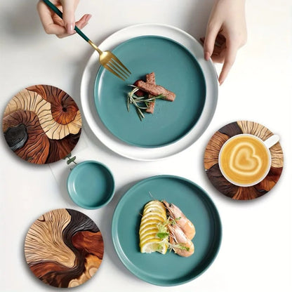 Wooden Coasters Set of 6 - Swirl Pattern Coffee Tea Bar Decor