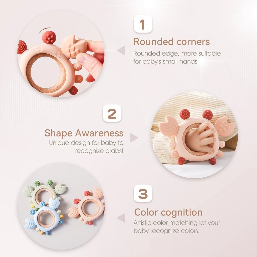 BPA Free Silicone Baby Teether 0-6 Months Wooden Ring Crab Toy