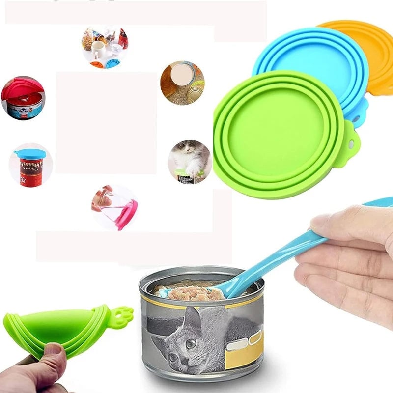 2pcs Reusable Silicone Pet Food Can Covers with Spoon for Dogs Cats