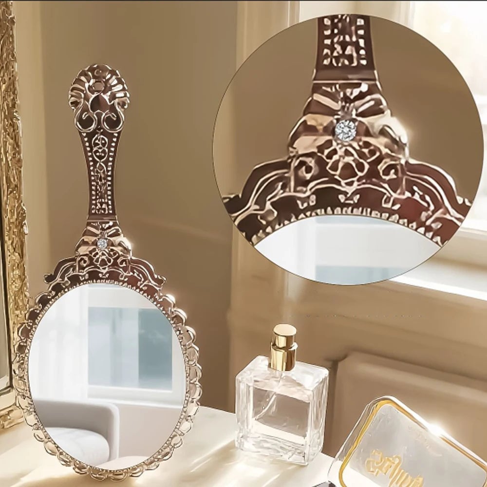 Vintage Oval Round Handheld Makeup Mirror Patterned Beauty Tool