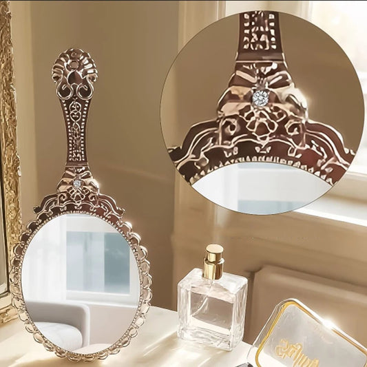 Vintage Oval Round Handheld Makeup Mirror Patterned Beauty Tool